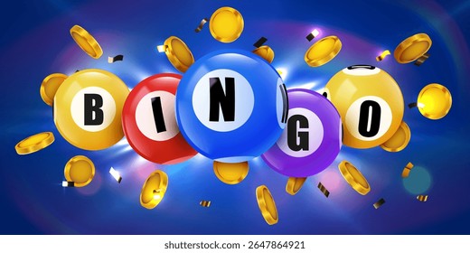 Bingo banner. Floating 3D lotto game balls, lotteries gaming event promotion with golden coins. Vector illustration - Powered by Shutterstock - Get 15% off with code: PIKWIZARD15