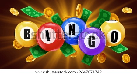 Bingo banner. Floating 3D lotto game balls, lotteries gaming event promotion with golden coins. Vector illustration
