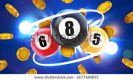 Bingo banner. Floating 3D lotto game balls, lotteries gaming event promotion with golden coins. Vector illustration