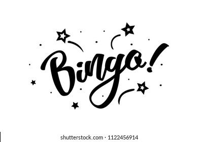 Bingo. Beautiful greeting card poster, calligraphy black text Word star fireworks. Hand drawn, design elements. Handwritten modern brush lettering on a white background isolated vector