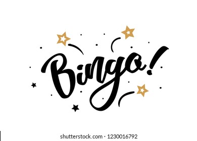 Bingo. Beautiful greeting card poster, calligraphy black text word golden star fireworks. Hand drawn, design elements. Handwritten modern brush lettering, white background isolated vector