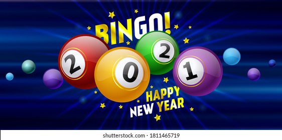 Bingo! billiard balls with numbers 2021 on a blue background. Holiday concept and text Happy New Year 