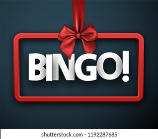Bingo blue sign with red satin bow. Vector background.