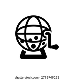 Bingo cage wire drum with handle, vector icon. Wire bingo cage featuring a rotating handle for number selection, isolated on a clean background in flat vector icon style.
