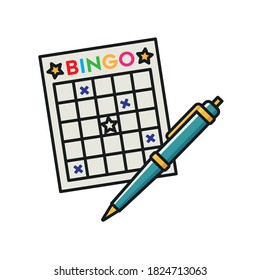 Bingo card and ball-point pen isolated vector illustration for Bingo Day on June 27th. Game of fortune symbol