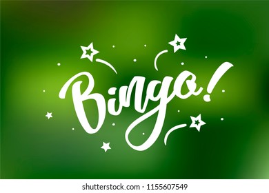 Bingo card. Beautiful greeting scratched calligraphy white text word stars. Hand drawn invitation design. Handwritten modern brush lettering green bokeh lights background vector
