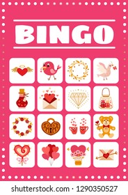 Bingo card for game with love elements in cartoon style. Game card. Vector illustration. For Valentine's day pastime 
