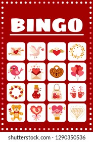 Bingo card for game with love elements in cartoon style. Game card. Vector illustration. For Valentine's day pastime 