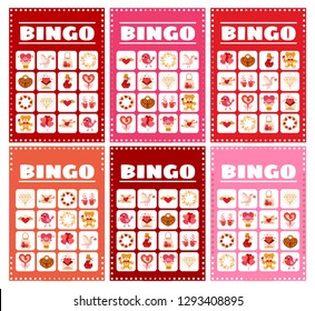 Bingo card for game with love elements in cartoon style. Game card. Vector illustration. Collection of 6 game card. For Valentine's day pastime 