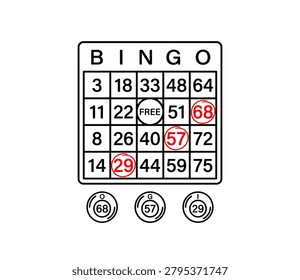 A bingo card with numbers called out, showing a game in progress with marked numbers and called balls.