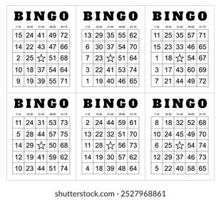 Conjunto de modelos imprimíveis de números aleatórios de cartões de bingo. Ilustração vetorial simples design de cartão de bingo.