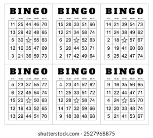 Bingo card random numbers printable template set. Vector illustration simple bingo card design.