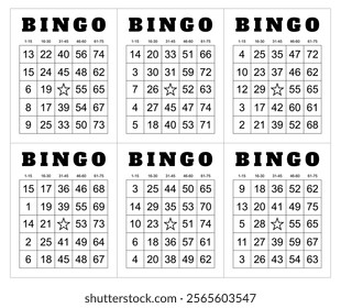 Bingo card random numbers printable template set. Vector illustration simple bingo card design.