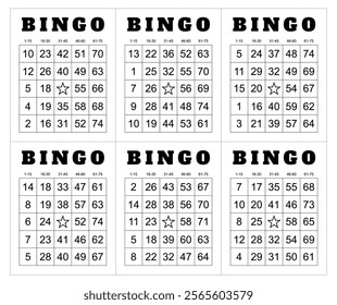 Bingo card random numbers printable template set. Vector illustration simple bingo card design.