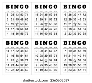 Bingo card random numbers printable template set. Vector illustration simple bingo card design.