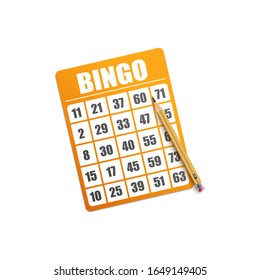 Bingo Card Template With Wooden Pencil, Realistic Vector Illustration Isolated On White Background. Lottery Or Gamble Game Sheet Filled With Numbers - Mockup.