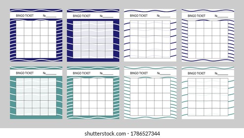 Bingo card templates with wavy blue and turquoise backgrounds. Set of lottery tickets for sea trips. Printable layouts with place for numbers. Vector illustration