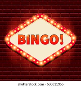 Bingo! Casino, lotto billboard background. Retro banner template with lightbulb glowing. Vintage style. Vector illustration for gambling club, web game, lottery. Business concept