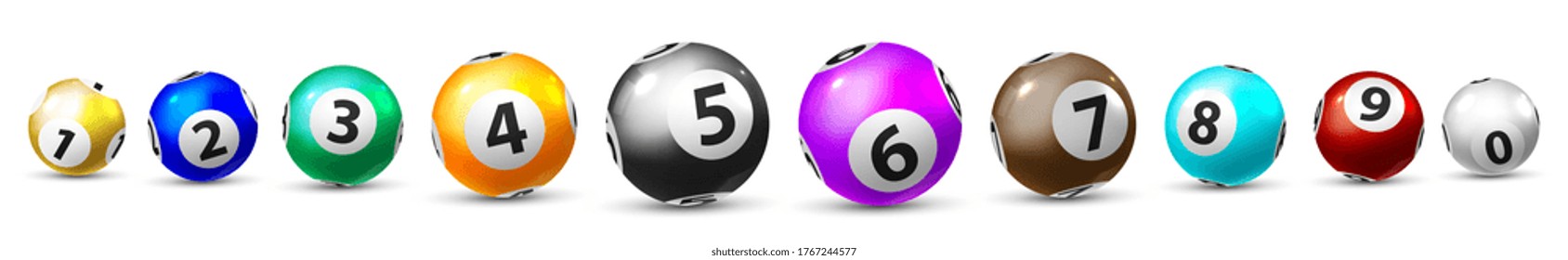 Bingo game balls. Isolated ten lottery ball icon set for leisure lottery sport game. Realistic shiny sphere bingo balls with numbers. Casino, luck opportunity in gambling