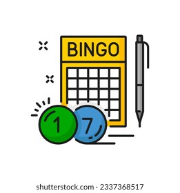 Bingo game card, balls and pen isolated color line icon for web and mobile. Vector bingo lottery card, lotto gamble game emblem