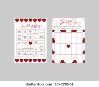 Bingo game cards for wedding reception and bridal shower. Elegant tickets with red polygonal hearts. Vector templates: 10*14 in
