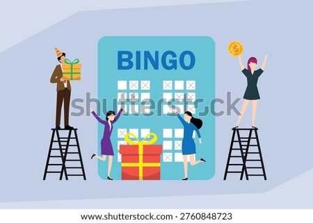 Bingo Game Celebration Concept with Happy People, Gift Boxes, and Lucky Winners 2d flat vector illustration