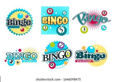 Juego de logotipos de juego de Bingo. Bolas coloreadas numeradas diseminadas y con texto grabado en burbuja de efecto ráfaga. Juegos, plantillas de banner de invitación a la lotería con fechas. Ilustraciones vectoriales gráficas.