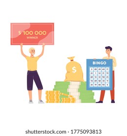 Bingo Game Lottery Winner And Host Standing With Cash Prize Money - Pile Of Dollar Bills And Gold Coins Holding Up Check And Winning Card. Isolated Vector Illustration.