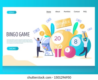 Bingo game vector website template, web page and landing page design for website and mobile site development. Huge balls with lucky numbers, raffle drum and tiny characters lottery winners.