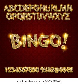 Bingo. Golden glowing alphabet and numbers on a dark background. Vector illustration for your graphic design.
