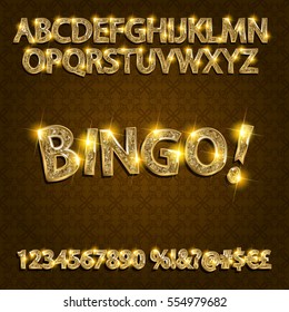 Bingo. Golden glowing alphabet and numbers on a dark background. Vector illustration for your graphic design.