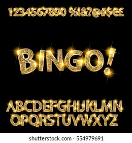 Bingo. Golden glowing alphabet and numbers on a dark background. Vector illustration for your graphic design.