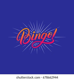 Bingo! hand written lettering quote for greeting card, poster, print. Modern brush calligraphy. Isolated on blue background. Vector illustration.