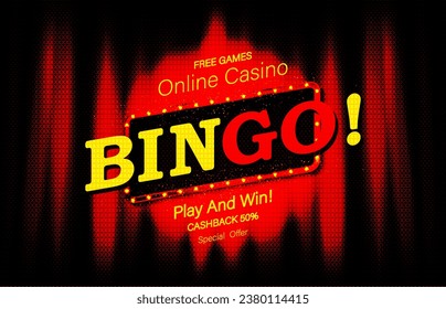Bingo. The inscription Bingo on a red background with a gold frame, paws and gold coins. Vector illustration