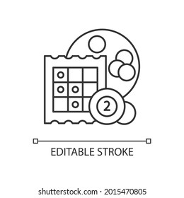 Bingo linear icon. Low-priced gambling. Marking off numbers on cards. Winning cash prizes. Thin line customizable illustration. Contour symbol. Vector isolated outline drawing. Editable stroke