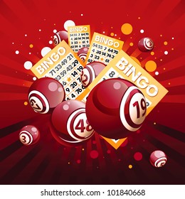 Bingo Or Lottery Balls And Cards On Red Background.