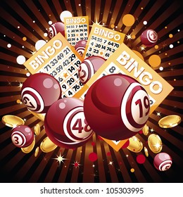 Bingo Or Lottery Balls And Cards On Shiny Background