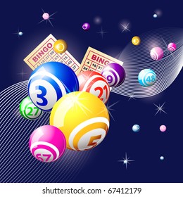 Bingo Or Lottery Balls And Cards On Blue Background