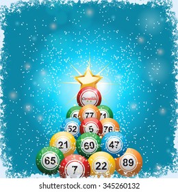 Bingo Lottery Balls Christmas Tree and Star Over Blue Background with Snow