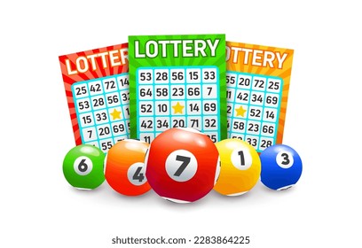 Bingo lottery balls and lotto tickets background with win numbers, vector lucky jackpot game. bingo lottery or keno gamble game balls and lotto ticket cards for gamble sport and money draw poster