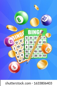 Bingo lottery balls and number cards on blue background realistic vector illustration mockup. Gambling lotto game advertising banner or poster template.