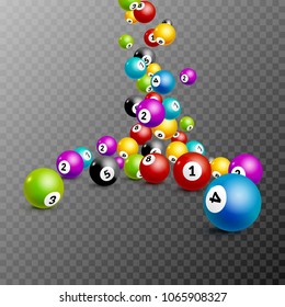 Bingo lottery balls numbers background. Lottery game balls. Lotto winner. Casino falling bonus balls template.