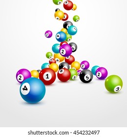 Bingo lottery balls numbers background. Lottery game balls. Lotto winner. Casino bonus falling balls template.