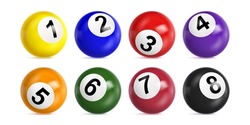 Bingo Lotterie-Kugeln Mit Zahlen Von Eins Bis Acht. Vektor-realistische Set Von 3D-Farb-Kugeln Für Lotto Keno Spiel Oder Billard. Glossy-Sphären Für Casino-Glücksspiele Und Snooker Einzeln Auf Weißem Hintergrund