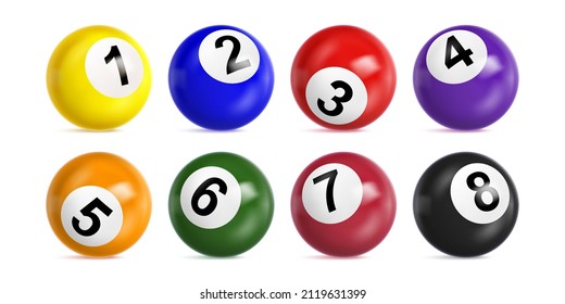 Bingo lottery balls with numbers from one to eight. Vector realistic set of 3d color balls for lotto keno game or billiard. Glossy spheres for casino gambling and snooker isolated on white background