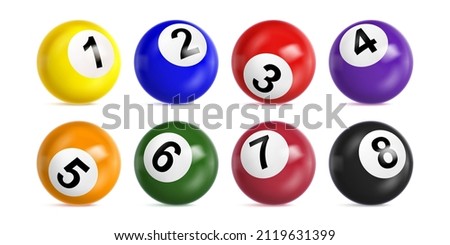 Bingo lottery balls with numbers from one to eight. Vector realistic set of 3d color balls for lotto keno game or billiard. Glossy spheres for casino gambling and snooker isolated on white background