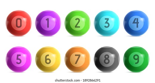 Bingo lottery balls with numbers from zero to nine. Vector realistic set of shiny color balls for lotto keno game or billiard. 3d glossy spheres for casino gambling isolated on white background
