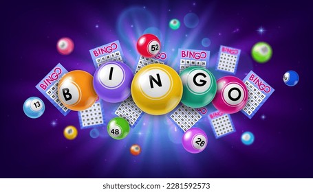 Bingo Lotterie Kugeln und Tickets. Jackpot gewinnen, Glücksspiel Lotterie und Glücksfall, Casino Lotto, Glück Gelegenheit realistische Vektorhintergrund. Glücksspiel-Wette, 3D-Hintergrund mit fliegenden Bingo-Bälle