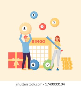 Bingo lottery banner template with people at backdrop with lottery ticket and prizes, flat cartoon vector illustration. Gambling game jackpot winners.