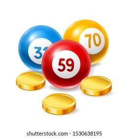 Bingo or lottery card with colored number balls and money. Background for gambling sport games.